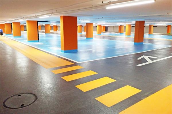 The floor of a parking lot coated with paints containing the Baxxodur EC 151 epoxy hardener